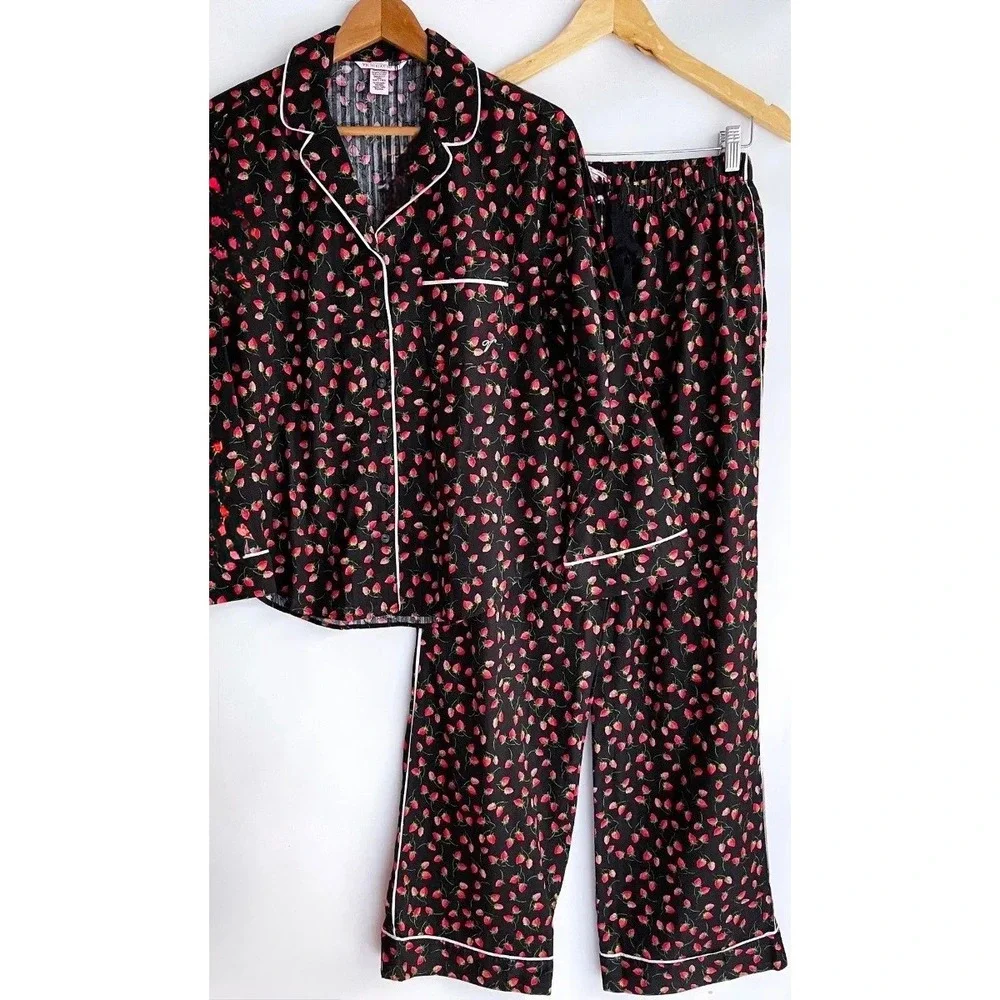 Victoria's Secret Black Strawberry Print Cotton Pajama Set Long Sleeve Pants L